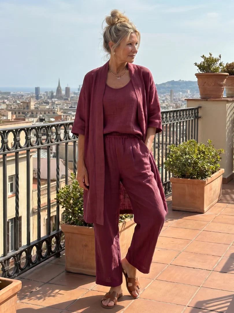 Maroon relaxed co-ord set featuring kimono top and wide-leg drawstring trousers