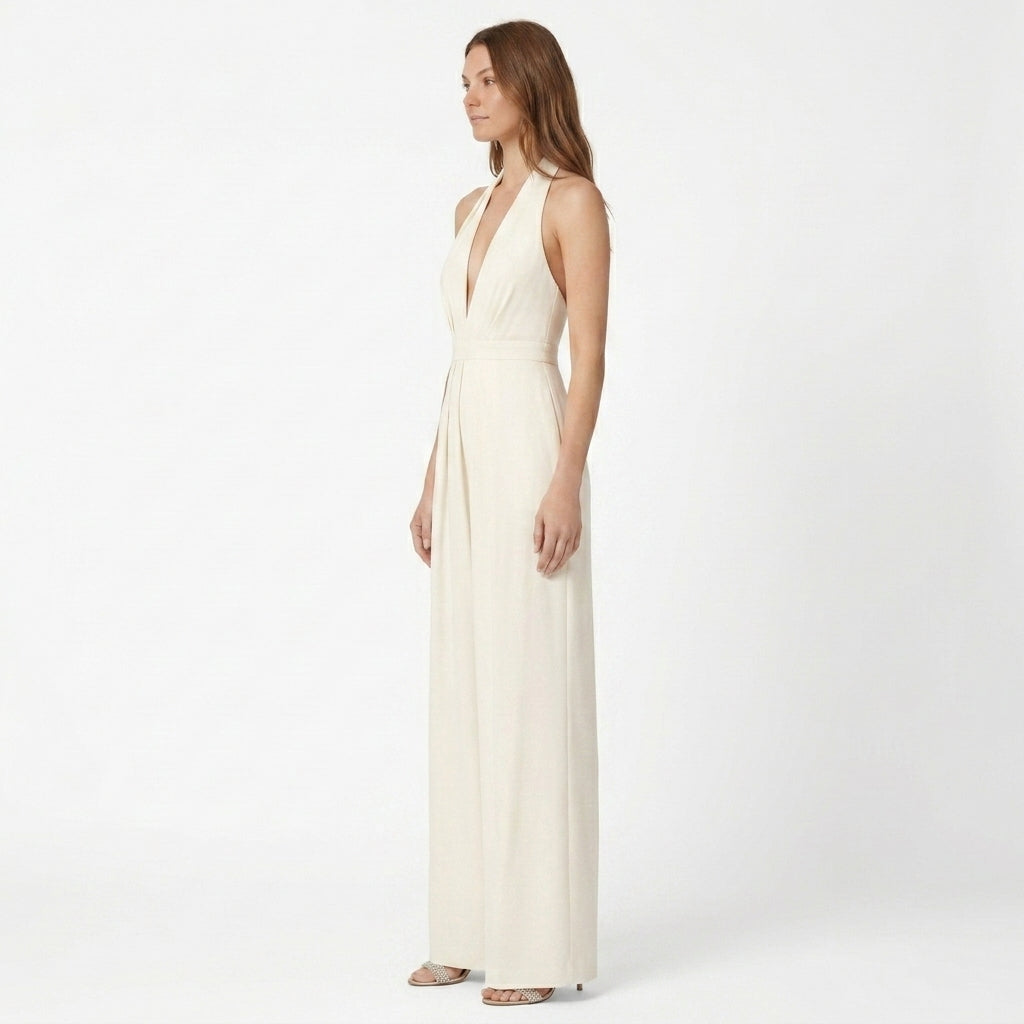 Women's white deep V-neck sleeveless wide-leg evening jumpsuit, belted waist