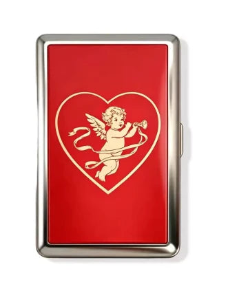 Stainless steel card holder with heart graphic and cherub on red front