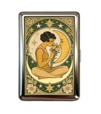 Stainless steel card holder with vintage-style woman holding a flower on green