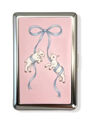 Stainless steel card holder with two ribbon-tied cats on pink front