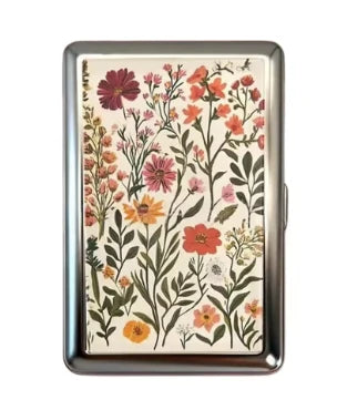 Stainless steel card holder with floral wildflower pattern on light cream front