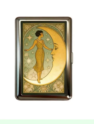 Stainless steel card holder with standing woman in yellow dress on golden crescent moon