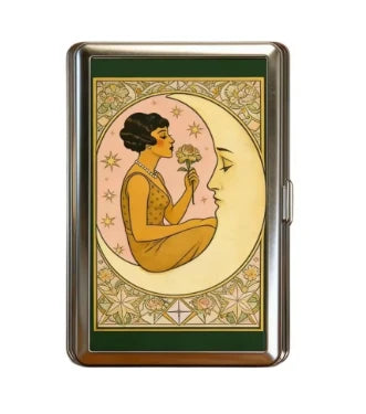 Stainless steel card holder with woman holding a flower inside circular moon on cream