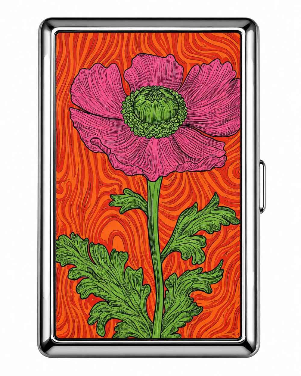 Stainless steel card holder wallet with pink flower and orange patterned background art