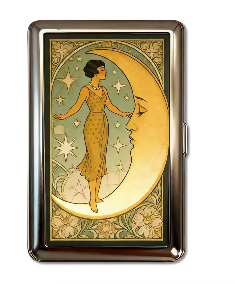 Stainless steel card holder with full moon woman and stars in gold-toned frame