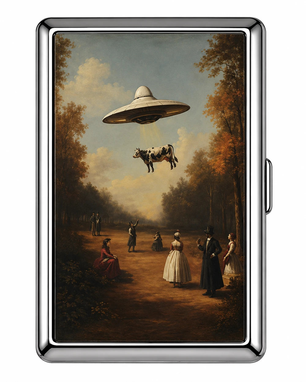 Stainless steel card holder wallet with vintage outdoor scene and UFO above figures