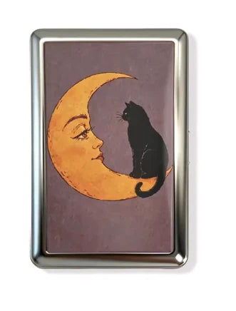 Stainless steel card holder with crescent moon and sleeping cat art on purple front