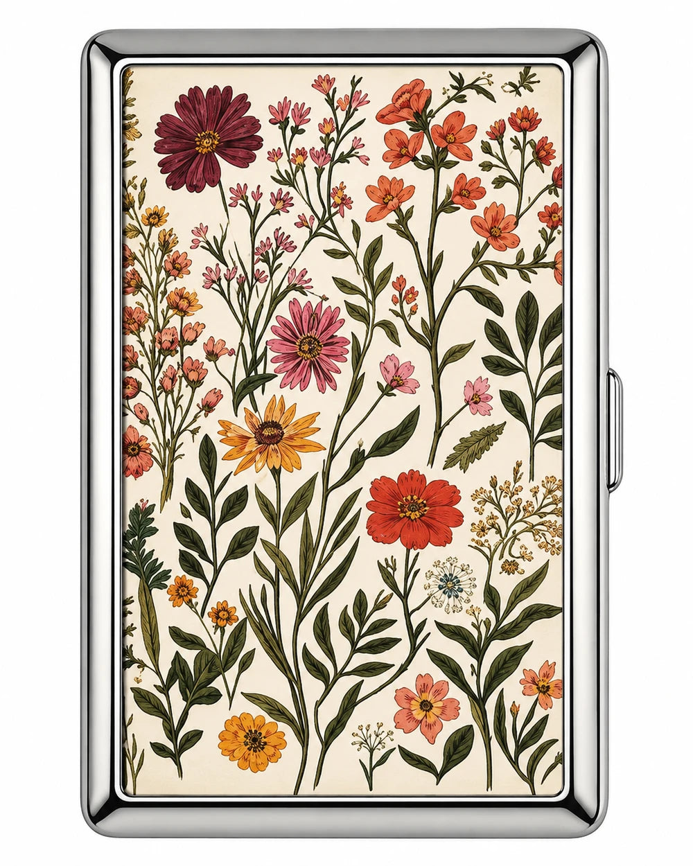 Stainless steel card holder wallet with wildflower botanical print in orange and pink