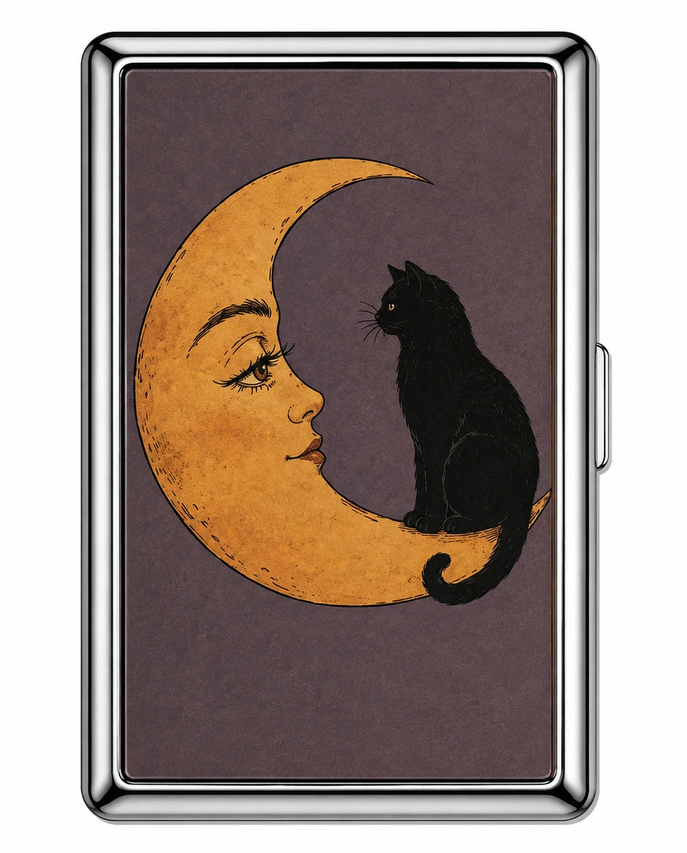 Stainless steel card holder wallet with crescent moon and black cat illustration