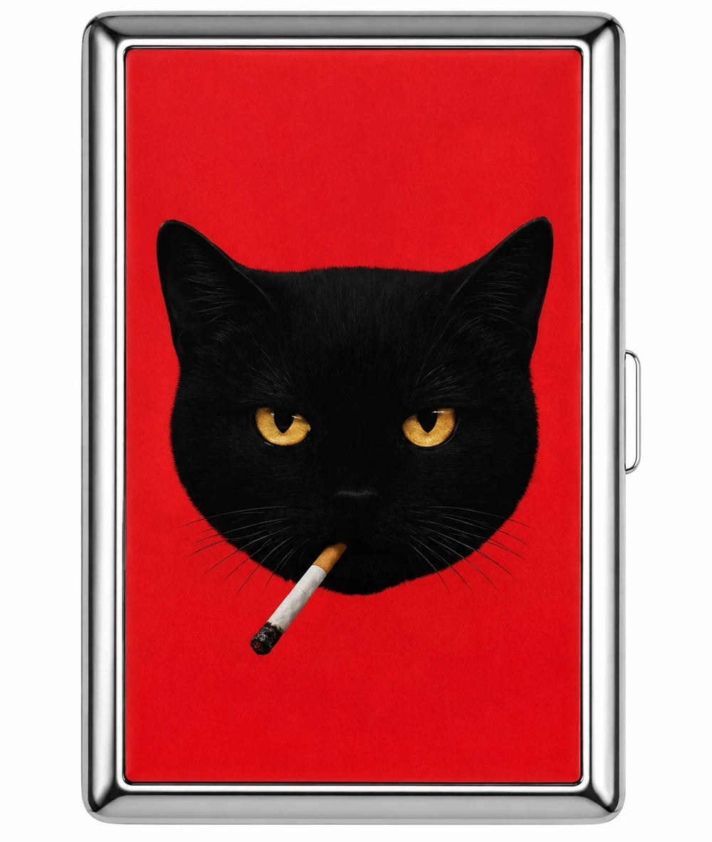 Stainless steel card holder with black cat face and cigarette on red front