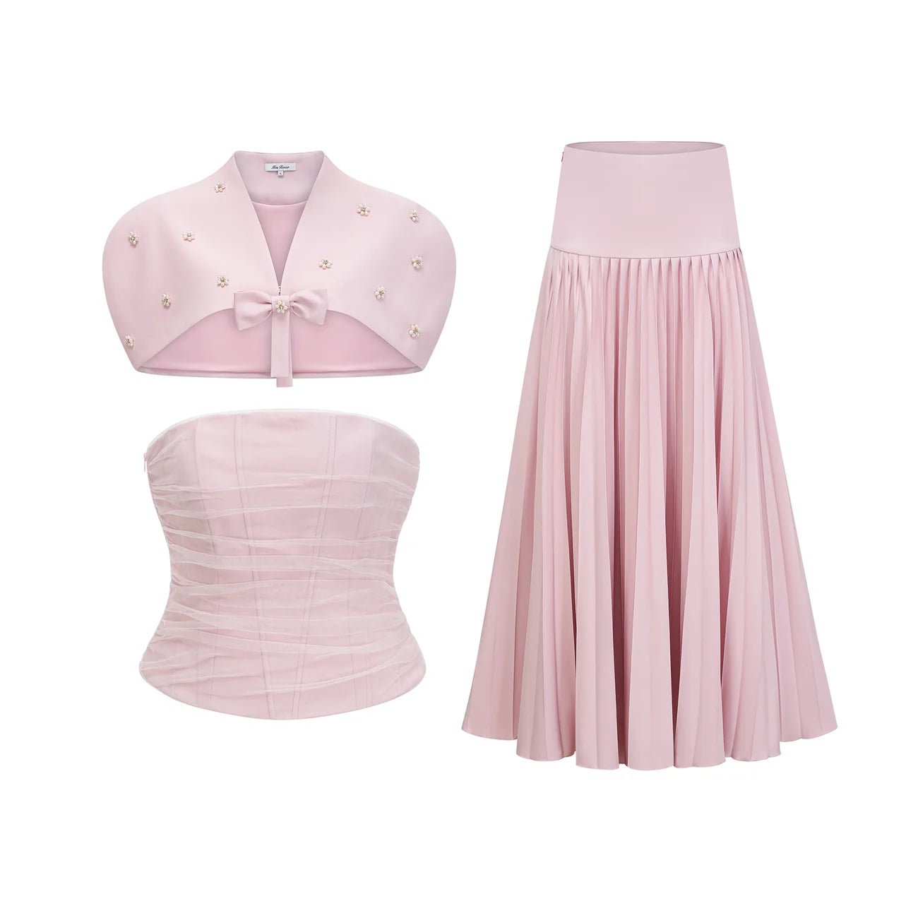 Three-piece blush set: off-shoulder cape, corset bodice, pleated maxi skirt