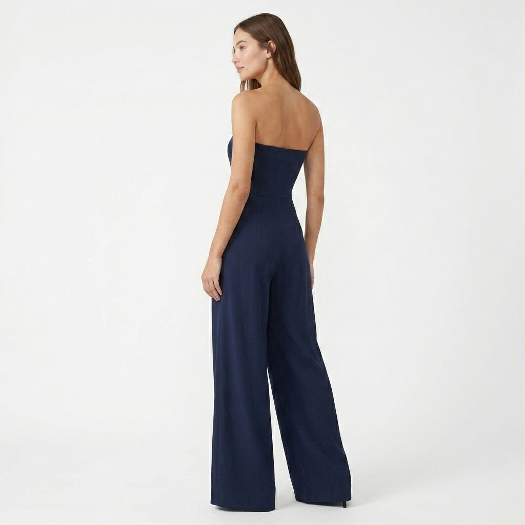 Strapless navy wide-leg evening jumpsuit with low scoop back and flared legs