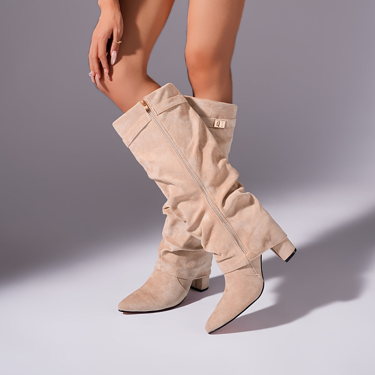 Off-white over-the-knee boots with side zipper seam, square buckle strap, chunky heel