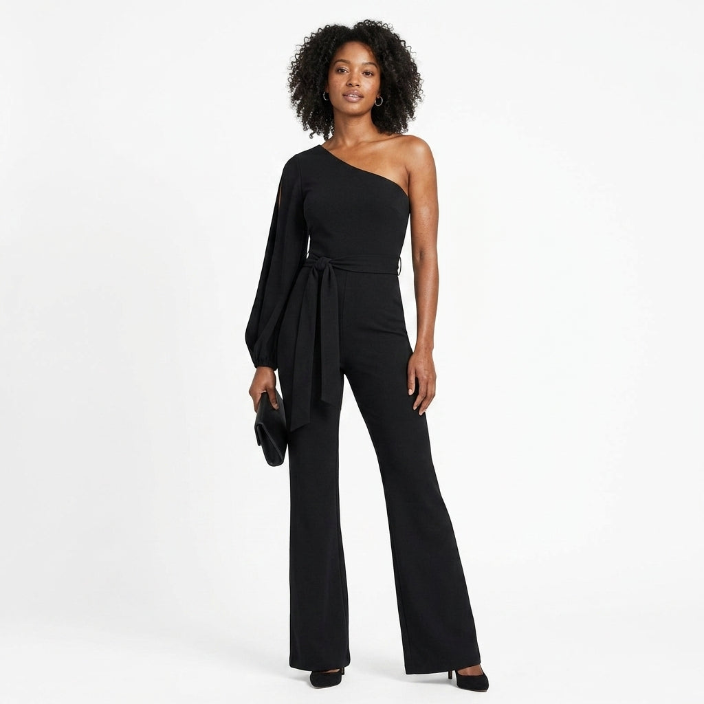 Women's black one-shoulder jumpsuit with draped long sleeve and wide-leg pants