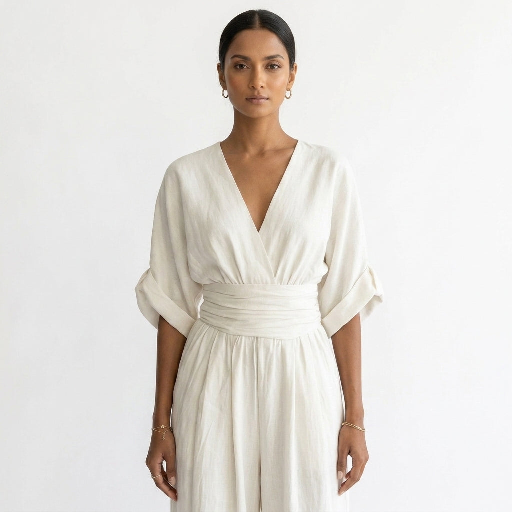 White deep V-neck jumpsuit with gathered elastic waist and loose wide legs