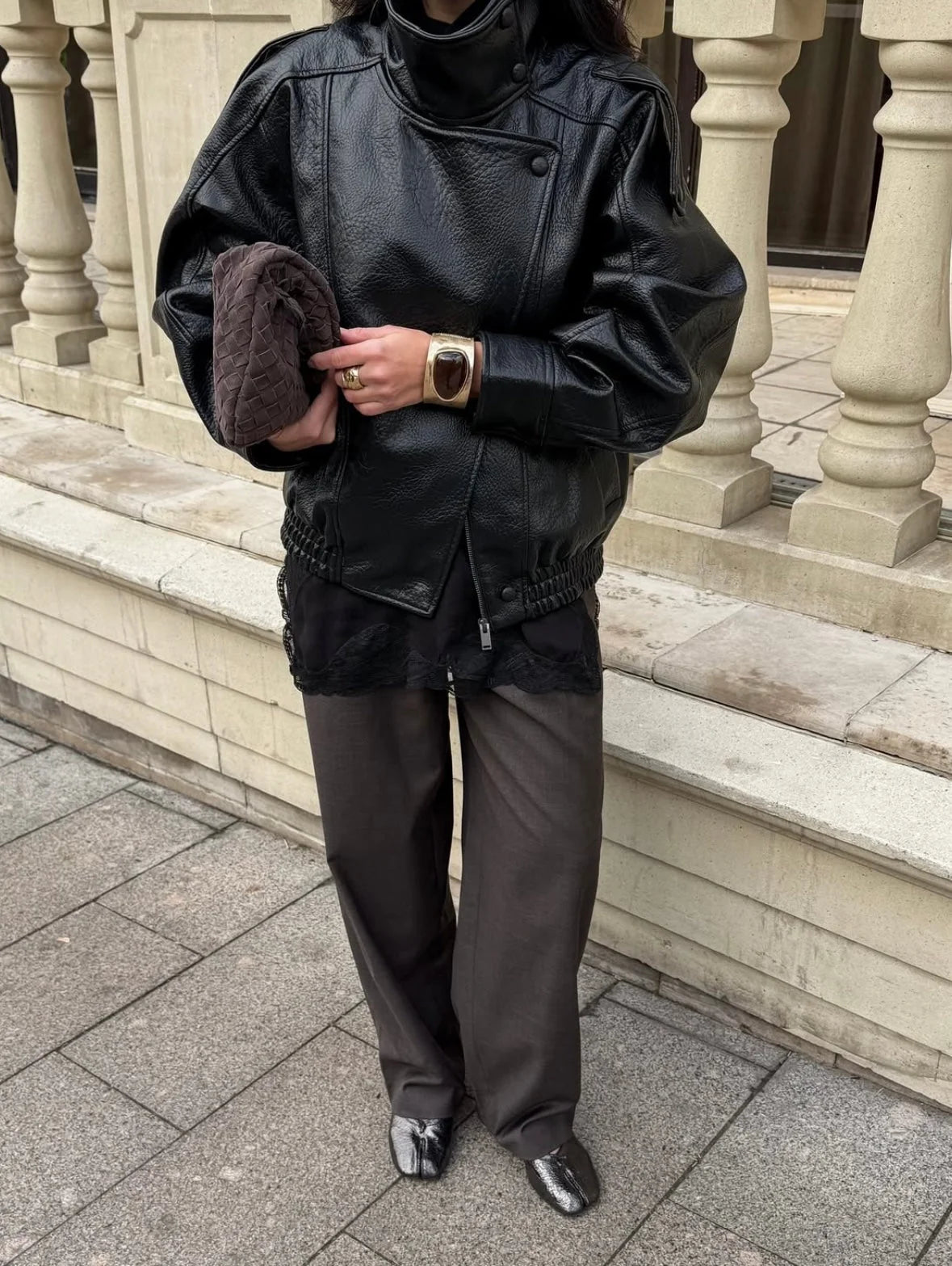 Oversized faux leather biker jacket, black with chest flap pockets and button cuffs