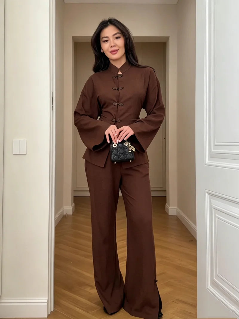 Brown linen co-ord set with buttoned jacket and wide-leg trousers, full front view.