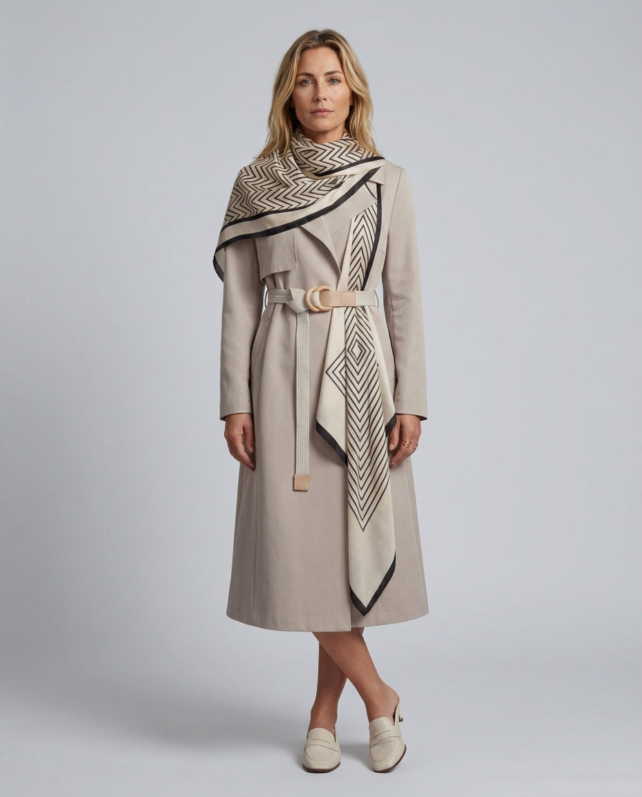 Belted beige midi coat with geometric patterned scarf collar and long drape