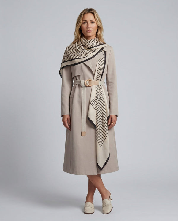 Noelia Belted Geometric-Scarf Midi Coat