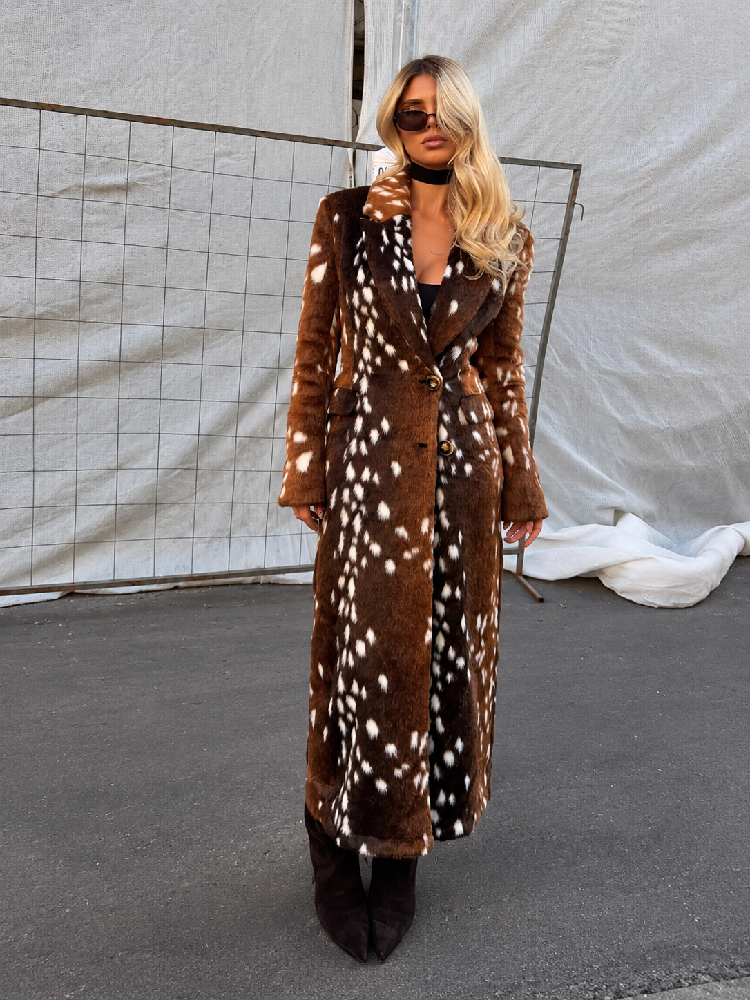 Brown deer-print faux-fur maxi coat, long sleeves, open front
