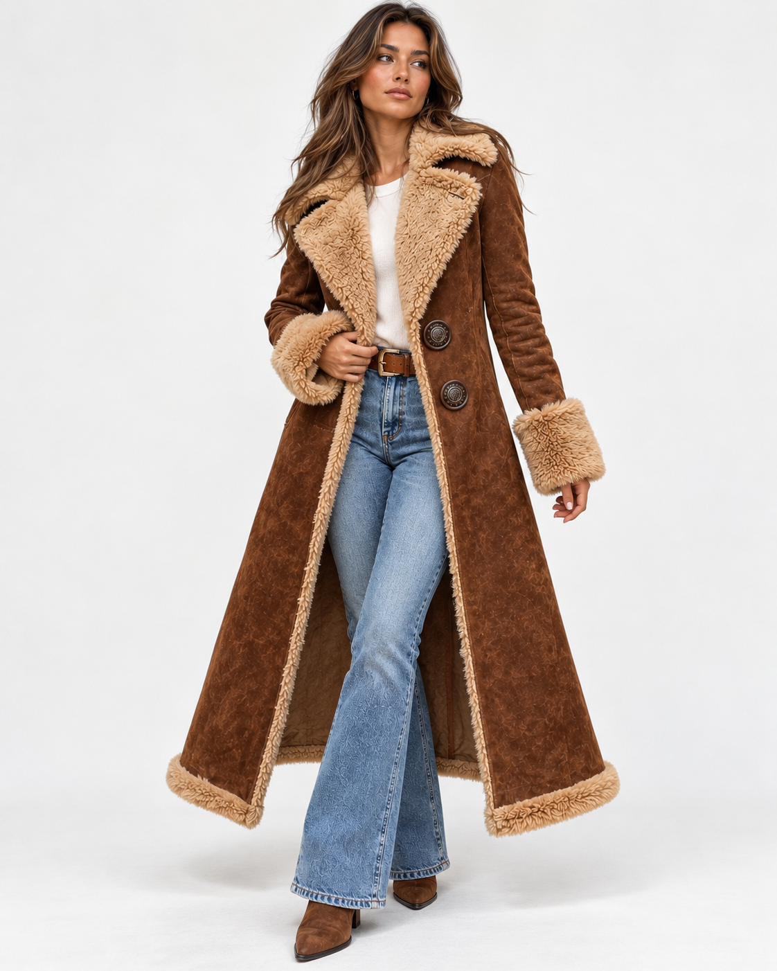 Brown long teddy-fur coat with raised collar, button front, and open draped hem.