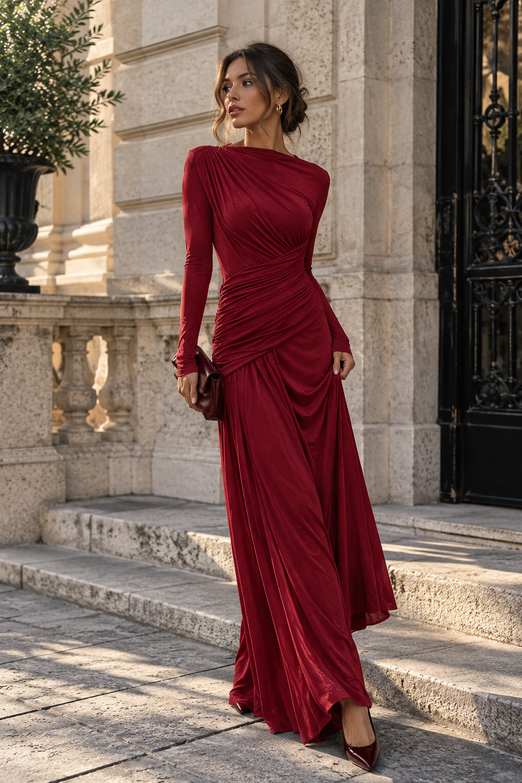 Chiara Diagonal-Collar Pleated Slim Maxi Dress