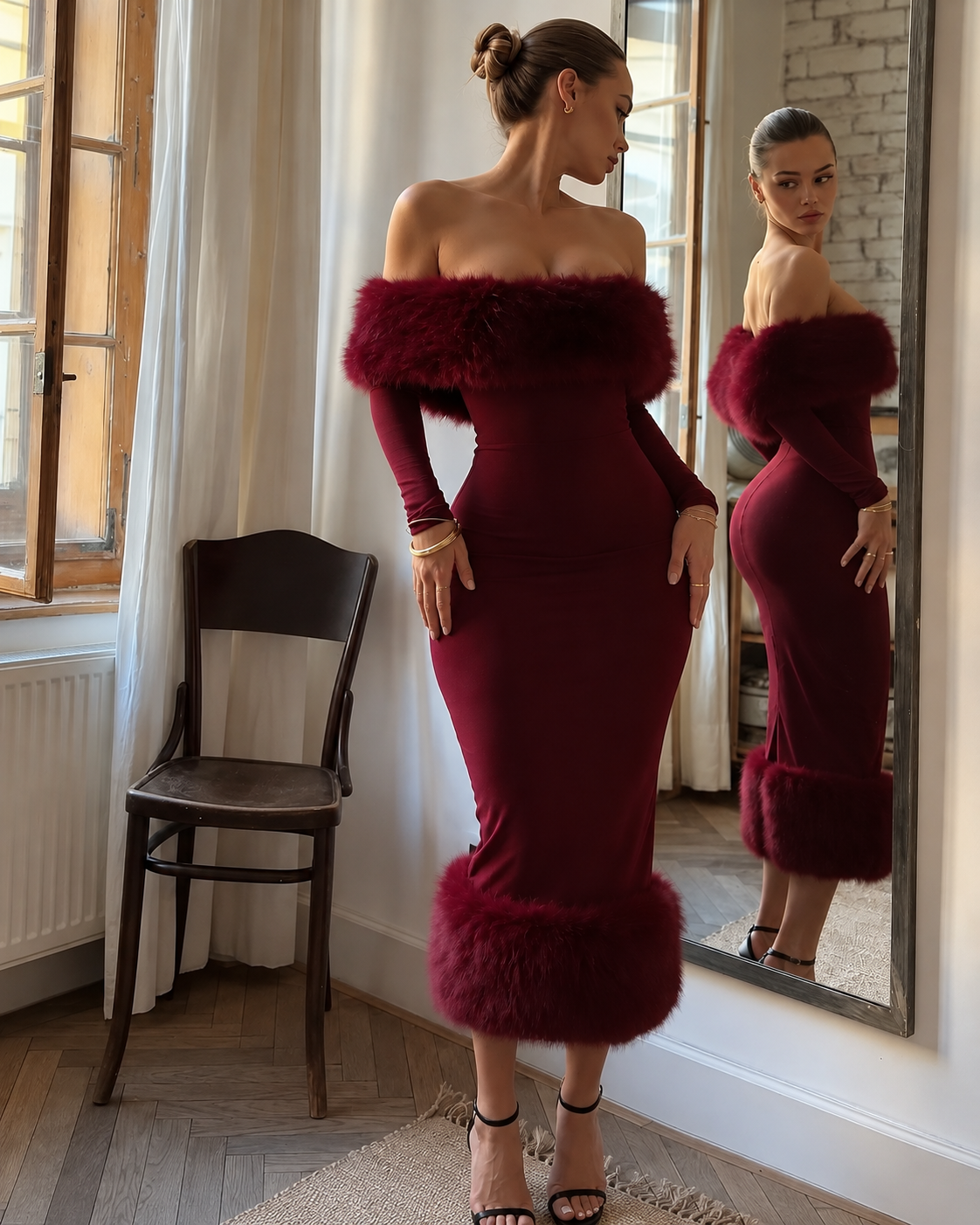 Burgundy faux fur off-shoulder evening dress with cinched waist and hem fur trim