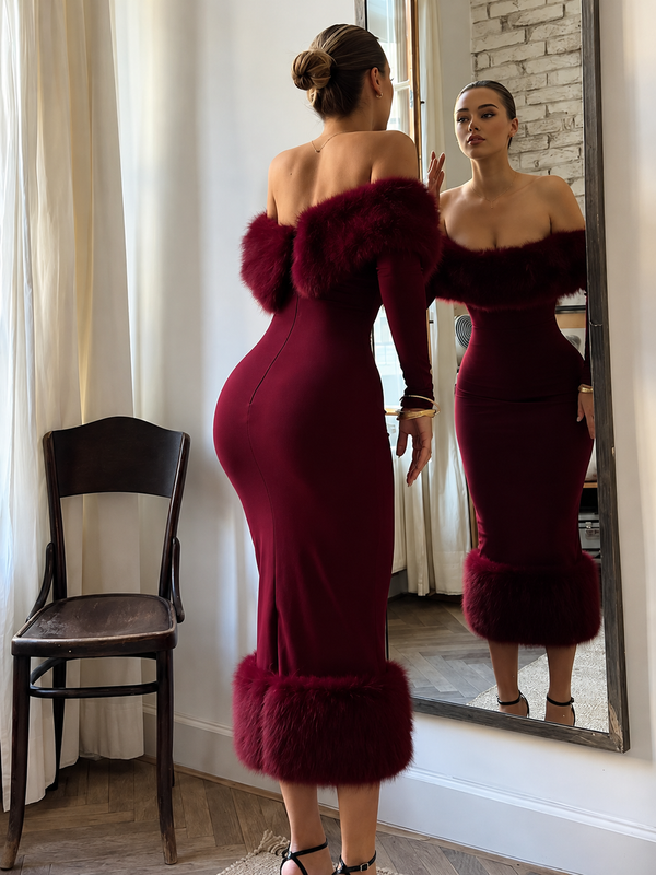Off-shoulder bodycon dress with faux fur trim, black fitted long sleeves
