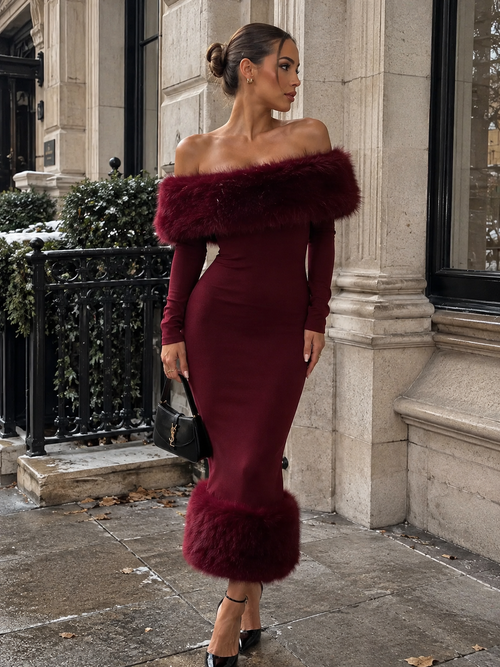 Burgundy faux fur off-shoulder evening dress with fitted waist and fur cuff details