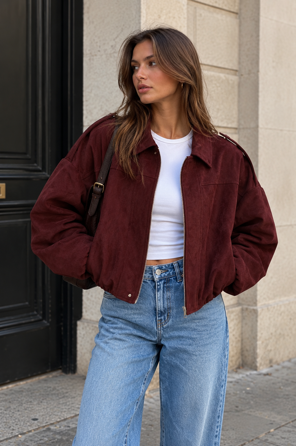 Burgundy suede bomber jacket with oversized collar, zip front and front pockets.