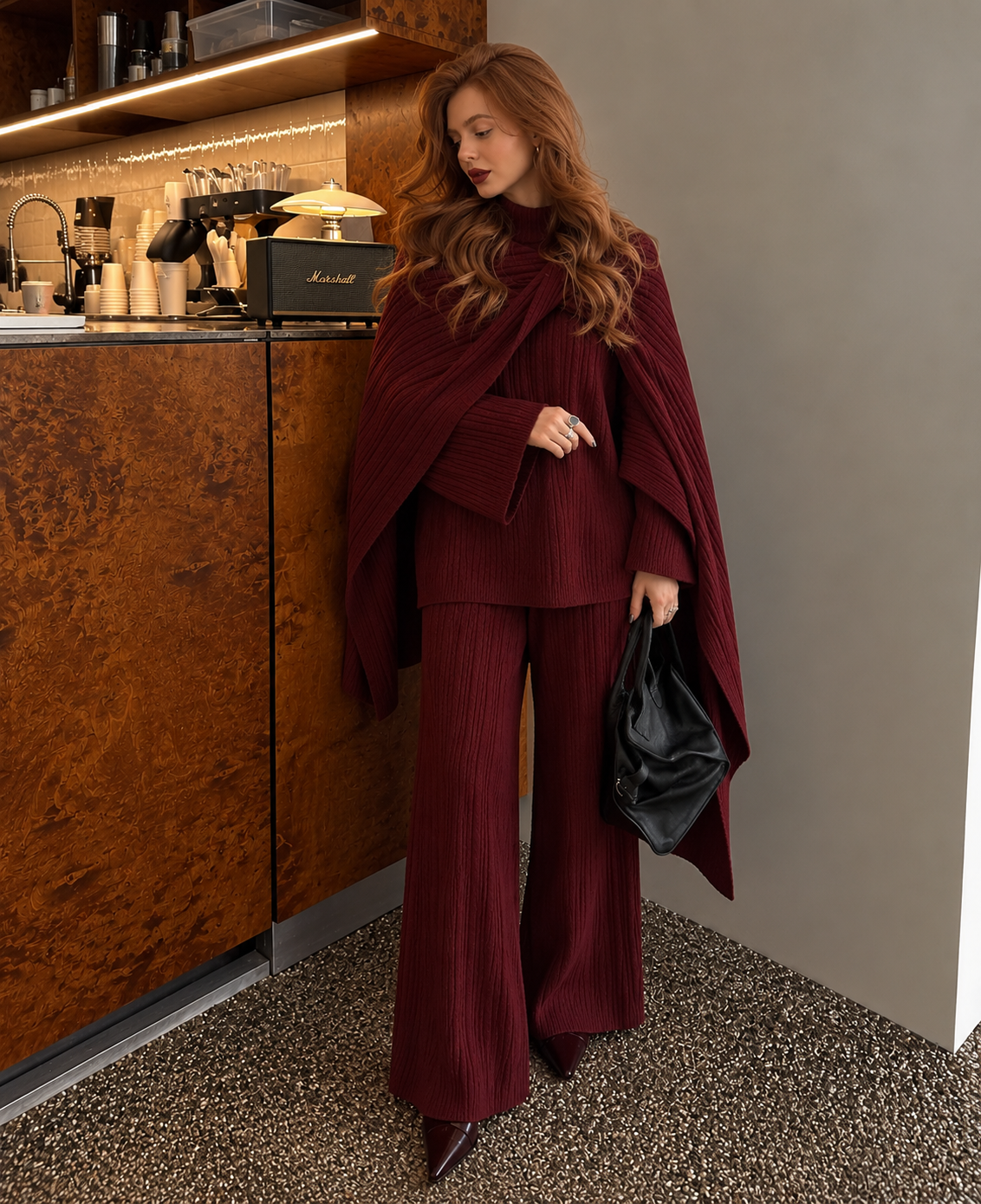 Burgundy knitted three-piece sweater set with ribbed top, wrap cardigan, and wide-leg pants