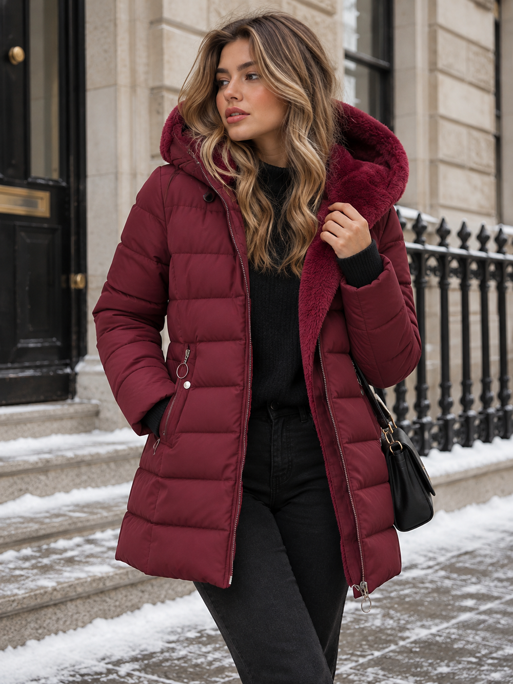Hooded padded midi coat in burgundy with faux-fur hood and front zipper.