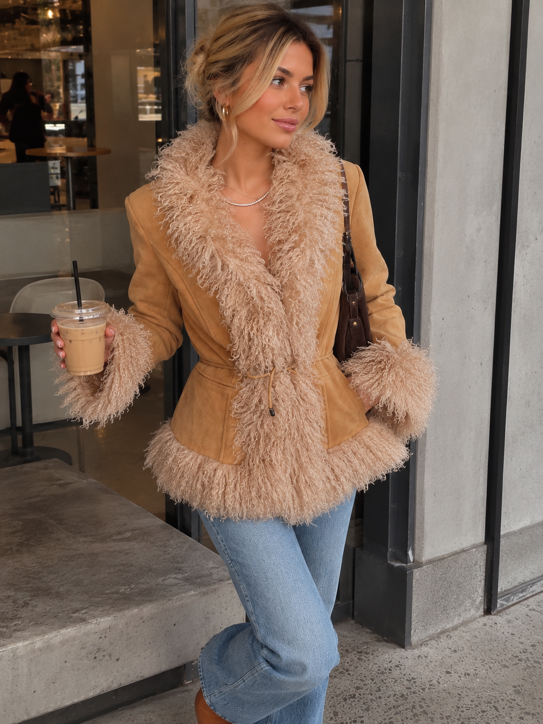 Beatrice Curly Fur-Collar Tie-Waist Suede Jacket