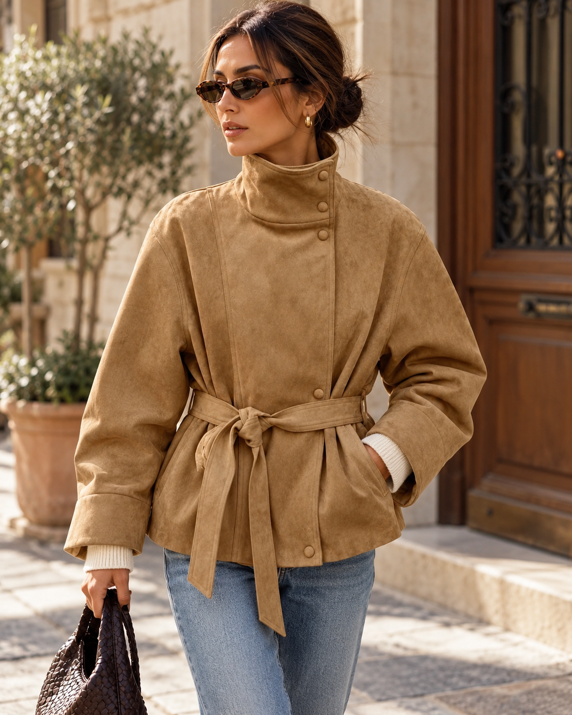 Camel suede jacket with high neck, snap buttons, and waist tie belt