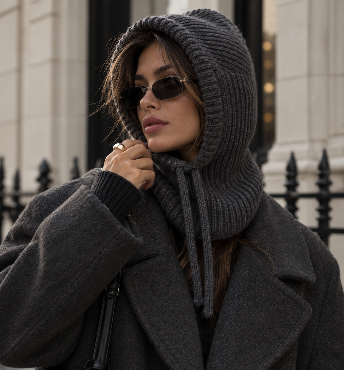 Charcoal grey knitted balaclava hood with ribbed knit and tie cords