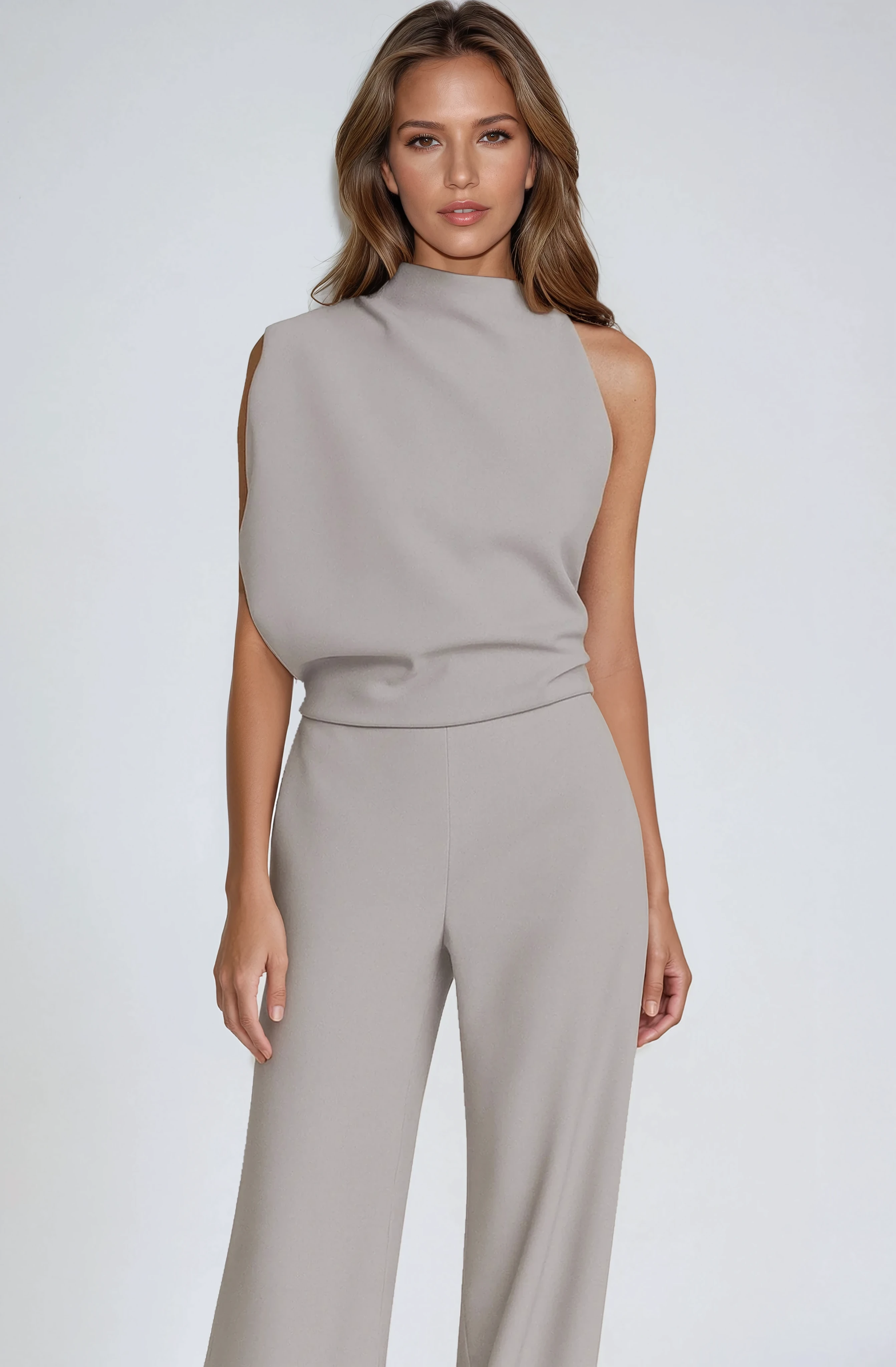 Women's asymmetric one-shoulder tailored jumpsuit in light grey, sleeveless with high neckline
