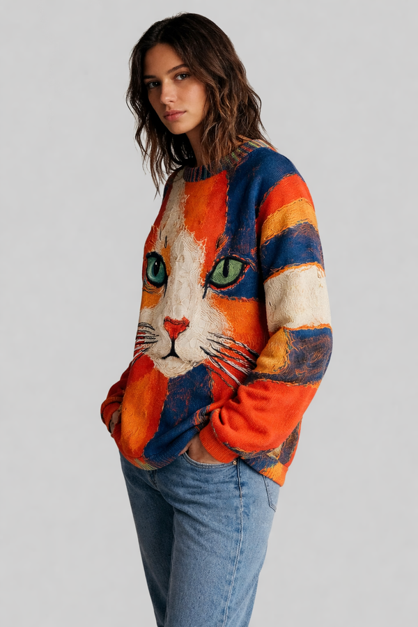Zaira Artistic Cat Patchwork Sweater