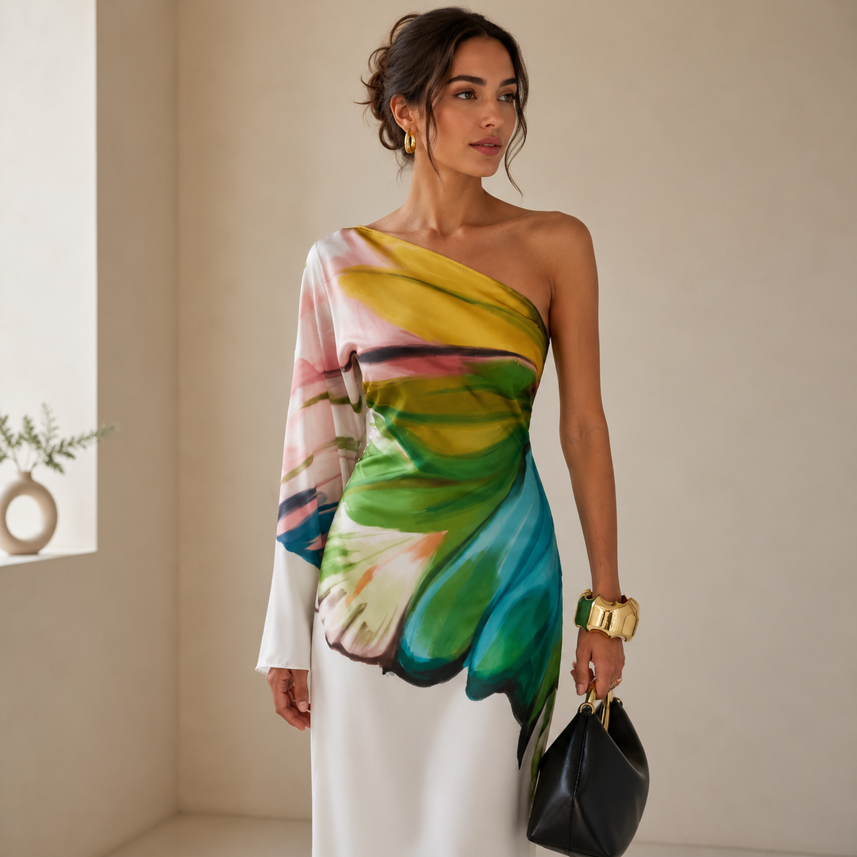 One-shoulder draped maxi dress featuring multicolor abstract print and white column skirt