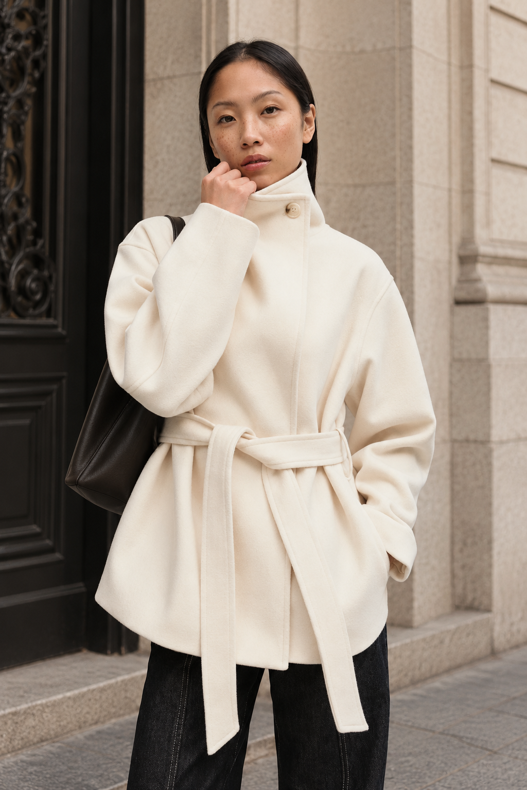 Pearl | Women's Belted High Neck Wrap Jacket Coat