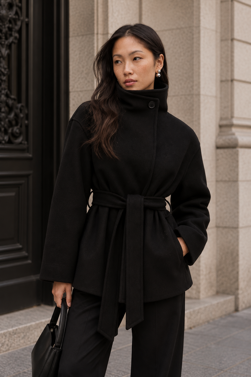 Pearl | Women's Belted High Neck Wrap Jacket Coat