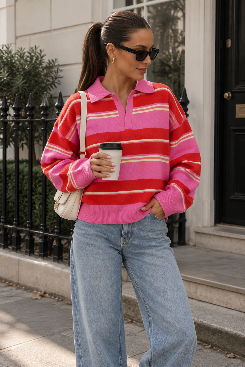 Margot Striped Polo Neck Knit Pullover