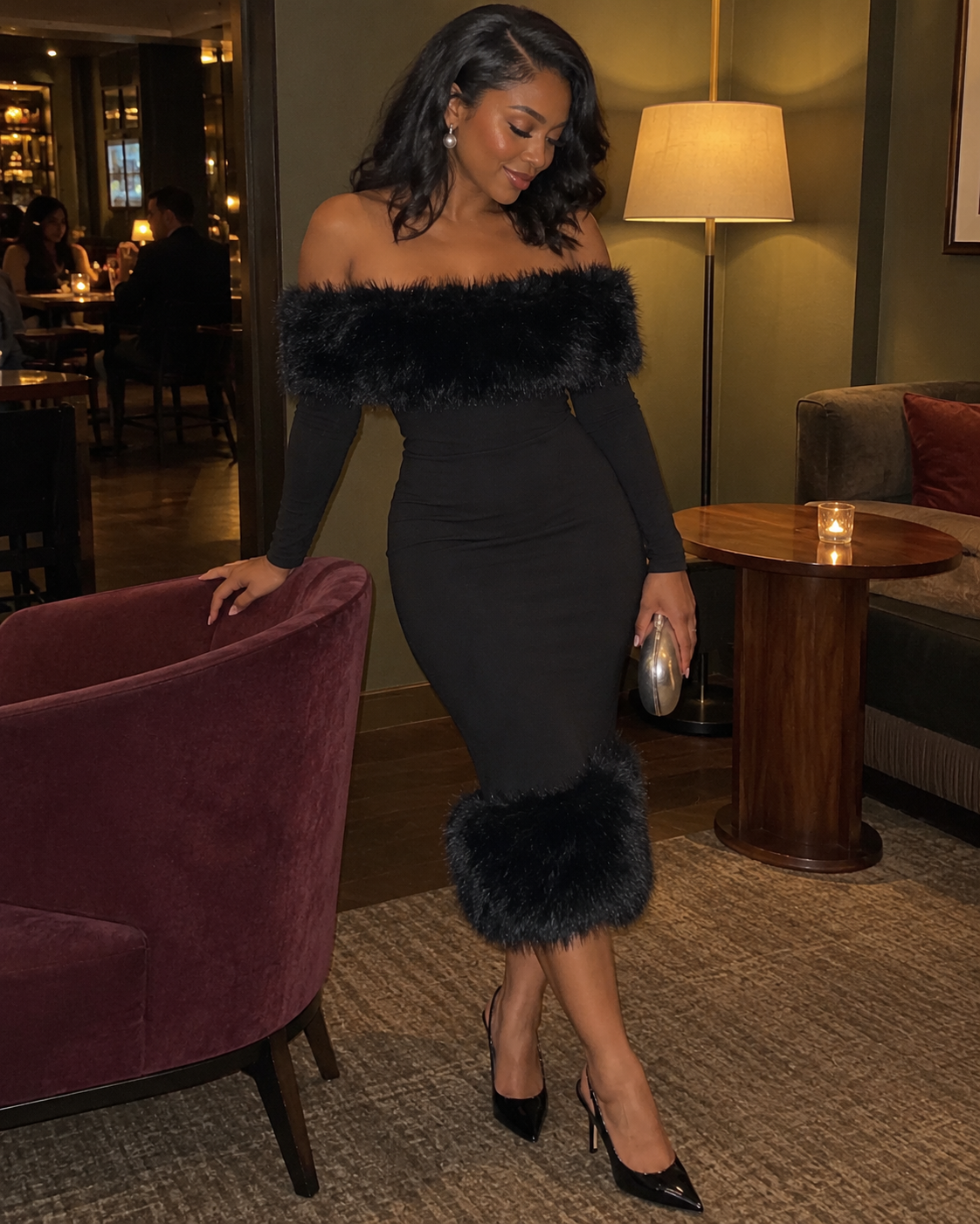 Black faux fur off-shoulder evening dress with cinched waist and fur trim