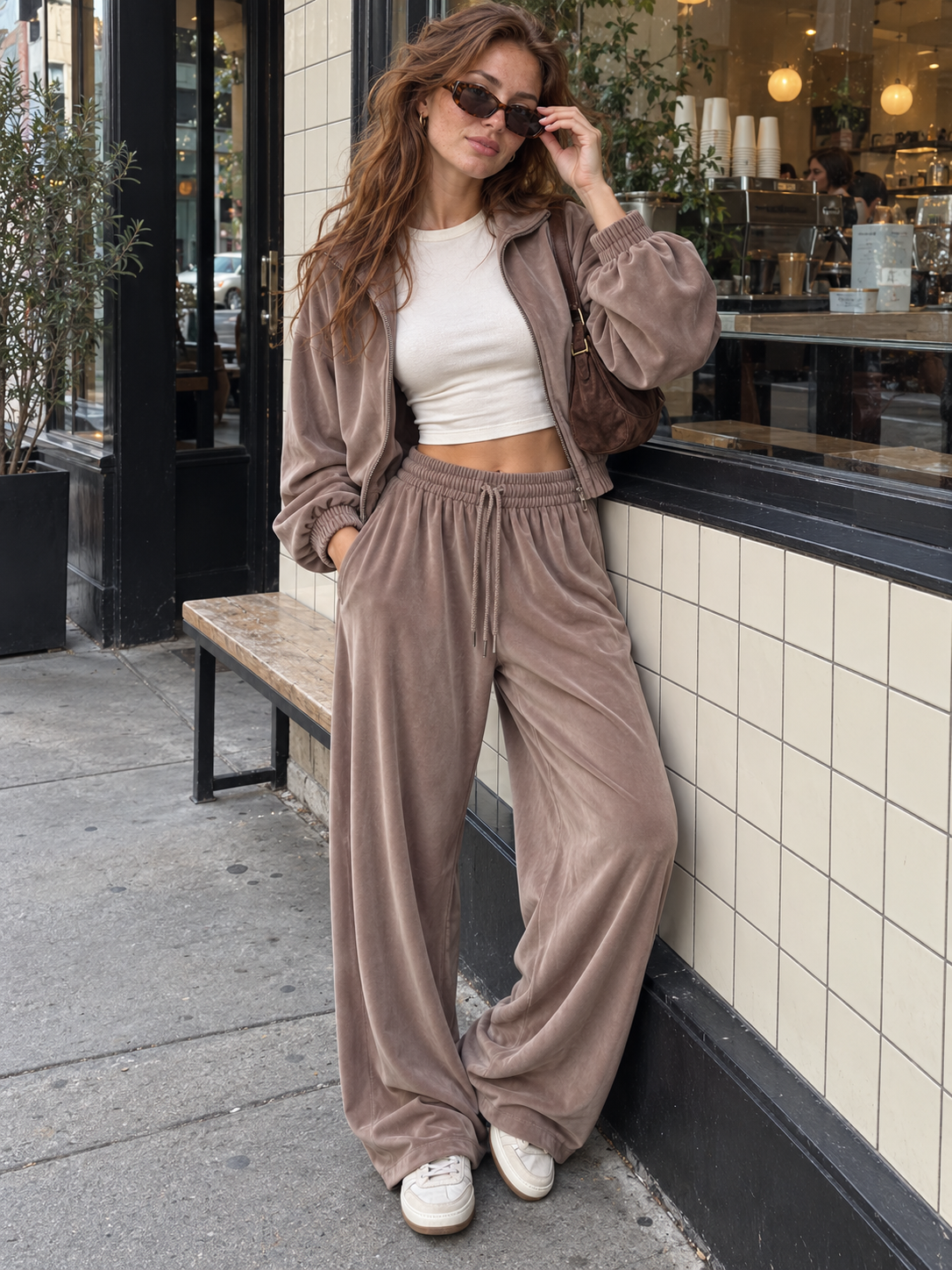 Velour zip jacket and wide-leg pants set in taupe-brown, relaxed fit