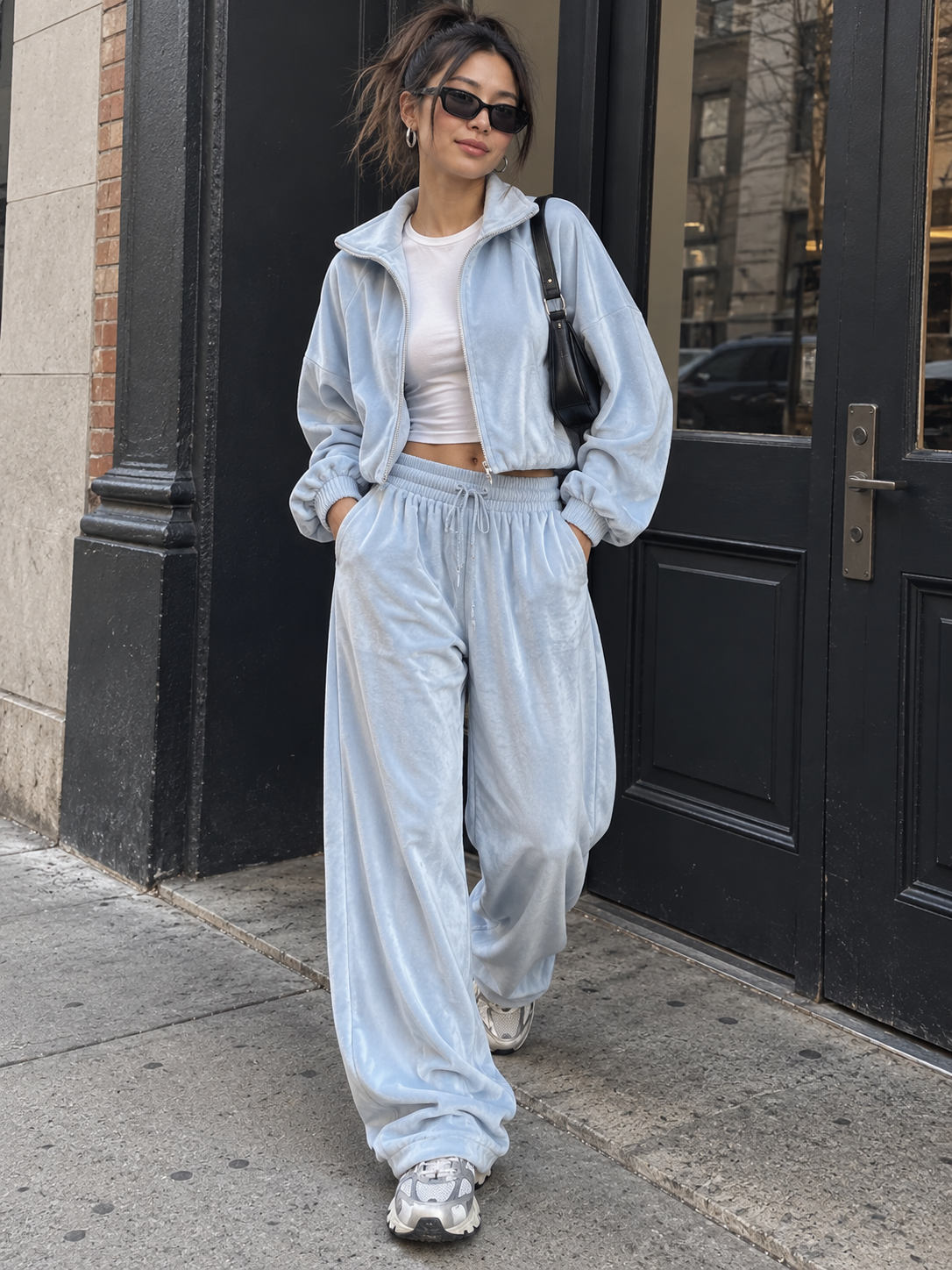 Velour zip jacket and wide-leg pants set in light blue, relaxed fit