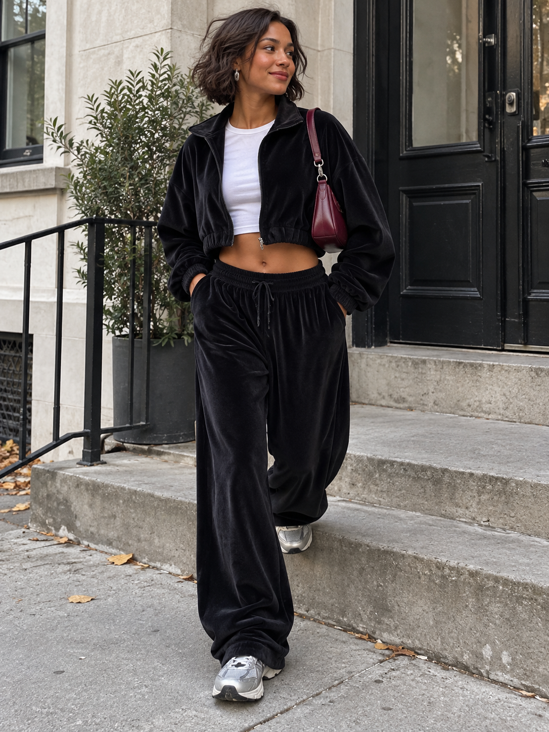 Velour zip jacket and wide-leg pants set in black, relaxed fit