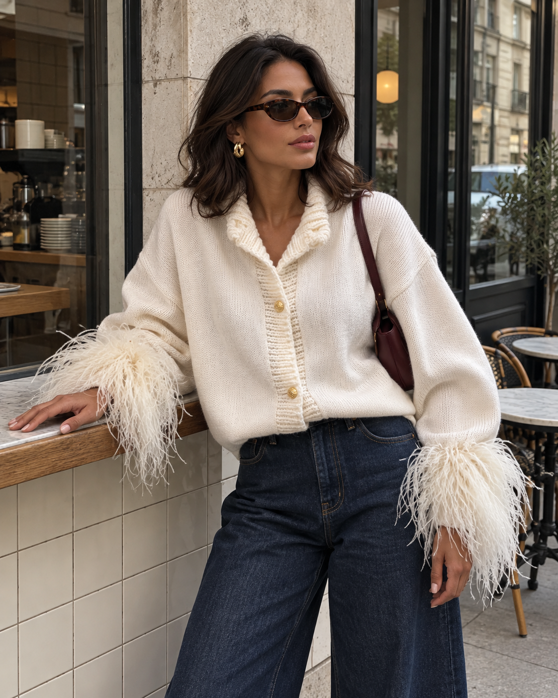 White feather-trim V-neck knit cardigan with button front and fringed sleeves