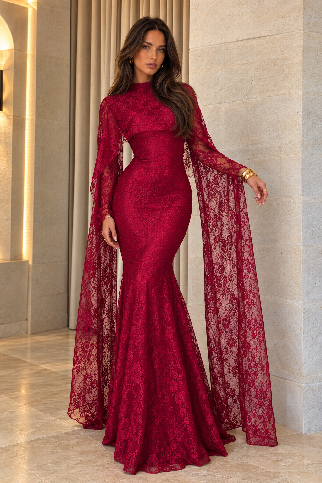 Burgundy lace mermaid evening dress with long sleeves and matching sheer lace shawl