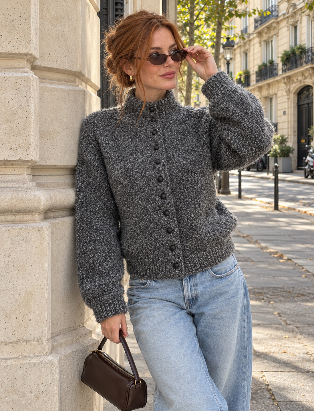 Dark grey knit turtleneck jumper with button front worn with blue jeans