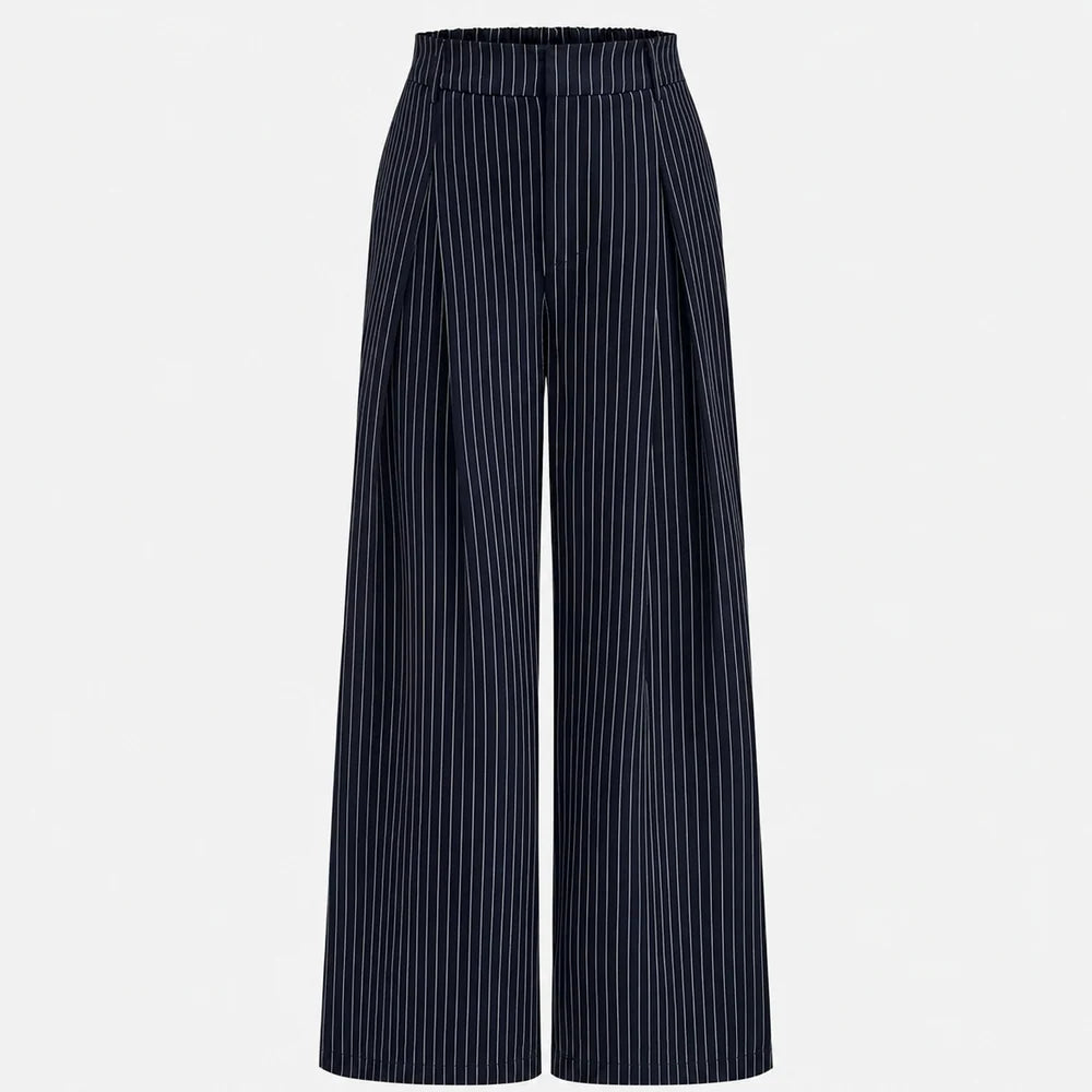 Navy pinstripe wide-leg trousers with elastic waistband